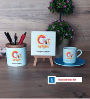 Grafiker Hediye Seti Dekoratif Taş, Kalemlik, Ahşap Altlıklı Türk Kahvesi Fincanı Hediye (Model 5)