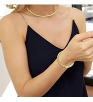 Silver ve Gold Seçenekli Ezme Yassı Yılan Çelik Unisex Kolye ve Bileklik Set (Gold)