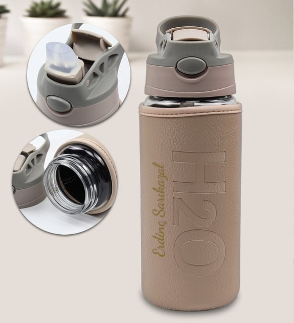 Kişiye Özel Deri Kılıflı Pipetli 500 Ml Cam Matara (Bej)