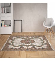 Çiçek Desenli Dijital Baskı Yıkanabilir Kaymaz Taban Leke Tutmaz Vintage Salon Halısı (Yeşil) (Bej)