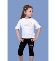 Toontoy Kız Çocuk Düşük Kol Büzgü Detaylı Baskılı Taytlı Takım (Ekru)