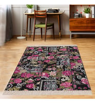 Patchwork Gül Desenli Dijital Baskı Yıkanabilir Kaymaz Taban Modern Salon Halı (Siyah)