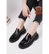 Muggo PARADİSE Hakiki Deri Kalın Taban Günlük Casual Makosen Kadın Loafer Ayakkabı (Siyah-Gri)