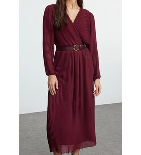 Moda Stil Regular Kruvaze Midi Boy Kemerli Düz Kemerli Dokuma Elbise (Bordo)