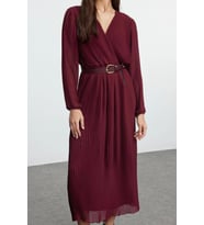 Moda Stil Regular Kruvaze Midi Boy Kemerli Düz Kemerli Dokuma Elbise (Bordo)