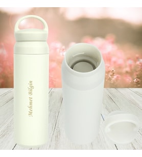 Kişiye İsme Özel 500 ml İç ve Dış Çelik İki Farklı Renkte Termos (Beyaz)