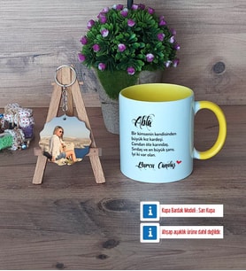 Ablaya Hediye Kupa Bardak Beyaz ve Fotoğraflı Ahşap Anahtarlık Hediye (Model 7)