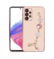 Samsung Galaxy A72 Kılıf El Askılı Tutamaçlı Kamera Korumalı Renkli Gold Kenar Silikon Kapak (Pembe)