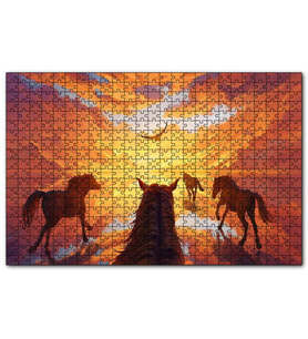 Cakapuzzle Kızıl Bulutlu Gökler Sudaki Aksi ve Koşan Atlar  Puzzle Yapboz MDF (Ahşap) (255 Parça)