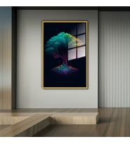 Metal Çerçeveli Cam Tablo Neon Ağaç ve Kökleri (Gold)