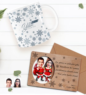 BK Gift Kişiye Özel Mutlu Yıllar Kupa Bardak ve Retro Ahşap Yılbaşı Tebrik Kartı Hediye Seti-7 (Siyah)