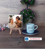 Anneye Doğum Günü Hediyesi Fotoğraflı Dekoratif Taş, Ahşap Altlıklı Türk Kahvesi Fincanı Hediye (Model 4)