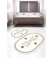 Dijital Baskılı Kaymaz Taban Yıkanabilir Oval 2'li Klozet Takımı Banyo Paspası NOKZ-SD-1030 (Krem)