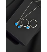 Papatya Silver 925 Ayar Gümüş Mavi Opal Yuvarlak Kolye Ve Çift Halka Küpe (Rodyum)