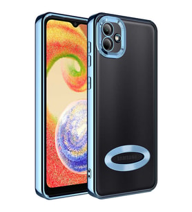 Samsung Galaxy A03 Kılıf Case, Logo Showing Serisi, Şeffaf, Kamera Korumalı, Logo Gösteren Renkli Çizgi Tasarım (Royal Mavi)