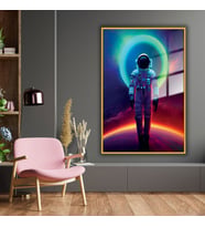Metal Çerçeveli Temperli Cam Tablo  Neon Renkli Uzay ve Astronot (Gold)