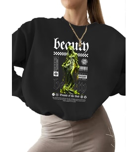 Bej bisiklet yaka kalın 3 iplik şardonlu Sweatshirt Sweatshirt erkek kadın unisex Tanrının (Siyah)