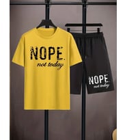 AMOR MAN ÖZEL TASARIM NOPE BASKILI PAMUK ULTRA HAFİF DIŞ MEKAN ERKEK T-SHIRT ŞORT TAKIMI (Sarı)