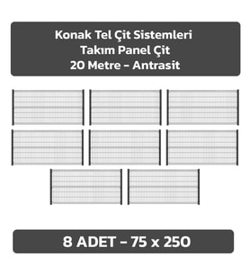KONAK TEL ÇİT SİSTEMLERİ 8 ADET TAKIM PANEL ÇİT (8 ADET 75 CM X 250 CM PANEL ÇİT VE 8 ADET PANEL ÇİT DİREĞİ 75 CM) (Antrasit)