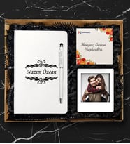Kişiye Özel Deri Defter & Metal Tükenmez Kalem + Ahşap Çerçeve hediye (Beyaz)