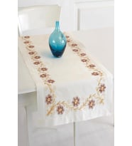 Krem Buldan İpeği Çiçek İşlemeli 50x130 cm Runner (Kahverengi)