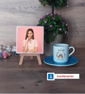 Baykuş Fotoğraflı Dekoratif Taş, Ahşap Altlıklı Türk Kahvesi Fincanı Hediye (Model 5)