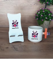Sevimli Panda Hediye Sepeti Kupa Bardak T Kulplu ve Ahşap Telefon Standı Arkadaşa Sevgiliye Hediye (Model 7)
