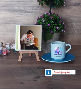 Developer Fotoğraflı Dekoratif Taş, Ahşap Altlıklı Türk Kahvesi Fincanı Hediye (Model 5)
