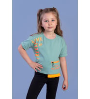 Toontoy Kız Çocuk Neon Uyumlu Cep Detaylı Baskılı Tişört (Yeşil)