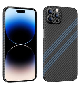 Hoco iPhone 14 Pro Max 6.7 Kılıf Kevlar Texture Kamera Korumalı Telefon Kılıfı (Siyah-Mavi)