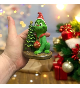 Yılbaşı Dekoratif Beton Grinch Figürü - Christmas Temalı El Yapımı Biblo 12x8,5cm (Yeşil-Siyah)