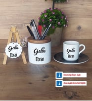 Gelin Hediye Sepeti Kalemlik, Türk Kahvesi Fincanı Kırmızı, Ahşap Anahtarlık Hediye (Model 5)