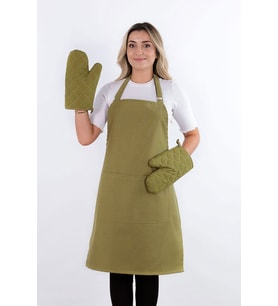 Simple 3'lü Set Ayar Askılı Cepli Mutfak Önlüğü Seti (2 ELDİVEN) Şef Garson Kafe Aşçı Barista (Fıstık Yeşili)