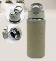 Kişiye Özel Deri Kılıflı Pipetli 500 Ml Cam Matara (Yeşil)