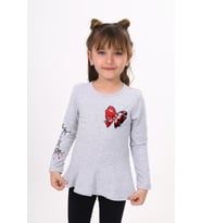 Toontoy Kız Çocuk Göğsü Pullu Fiyonklu Nakışlı T-Shirt ( Gri-Melanj)