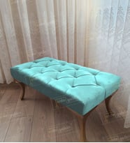 Kapitoneli Ayak Ucu Kapı Önü Antre Bench Puf Gold Ayak (100*45) (Turkuaz)