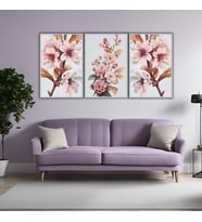 3'lü Metal Çerçeveli Cam Tablo Seti Pastel Pembe Dalında Çiçek (Gümüş)