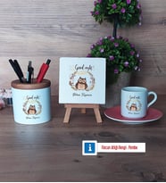 Baykuş Hediye Seti Dekoratif Taş, Kalemlik, Ahşap Altlıklı Türk Kahvesi Fincanı Hediye (Model 6)