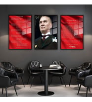 3'lü Metal Çerçeveli Cam Tablo Seti Mavi Gözlü Atatürk İstiklal Marşı ve Gençliğe Hitabe (Siyah)