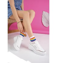 Muggo Happy Garantili Kadın Ortopedik Günlük Bağcıklı Şık Rahat Sneaker Spor Ayakkabı (Beyaz)