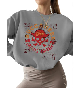 Bej erkek bisiklet yaka 3 iplik şardonlu Korsan kulübü - korsan kafatası Baskılı Sweatshirt kadın (Gri)