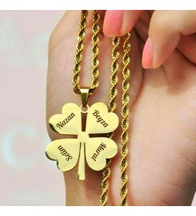 Kişiye Özel İsimli Paslanmaz Çelik Kolye 4 Yapraklı Yonca Kolye (Gold)