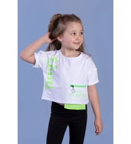 Toontoy Kız Çocuk Neon Uyumlu Cep Detaylı Baskılı Tişört (Beyaz)