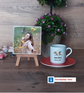 Emlakçı Fotoğraflı Dekoratif Taş, Ahşap Altlıklı Türk Kahvesi Fincanı Hediye (Model 8)
