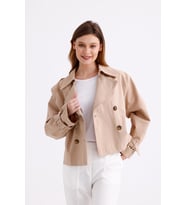 %100 Pamuk Gabardin Astarlı Oversize Geniş Kalıp Kadın Crop Kısa Trençkot 1122 (Açık Bej)