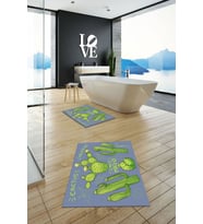 EVDEYA Baskılı Yıkanabilir Kaktüs Desenli İkili Banyo Halısı Paspas Klozet Takımı, KLOZET-23-BEYAZ, (Mavi)