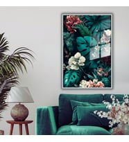 Metal Çerçeveli Cam Tablo Çiçekli Monstera Deve Tabanı (Gümüş)