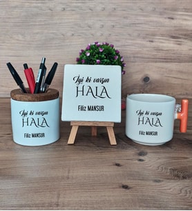 İyi Ki Varsın Hala Hediye Sepeti Kupa Bardak T Kulplu, Kalemlik ve Dekoratif Taş Halaya Doğum Günü Hediyesi (Model 7)