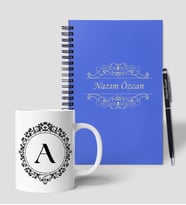 Kişiye Özel Ahşap İsimli ve Harfli Renkli Defter Kalem Kupa Hediye Seti (Model 2)