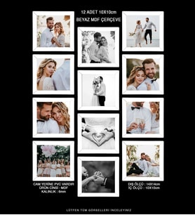12 Adet 10x10 Çerçeve - Mdf Çerçeve - Mini Kare Fotoğraf Çerçevesi (Beyaz)